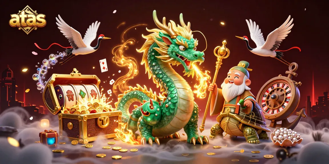 Engage in thrilling gameplay at atas casino featuring vibrant dragons, treasures, and slot reels.