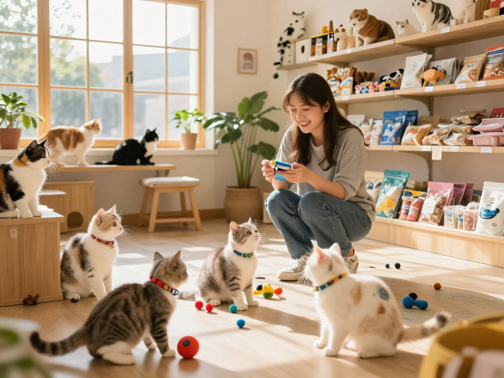 快喵商店内的活泼小猫，友好的店员与顾客互动，体现温馨的宠物氛围。