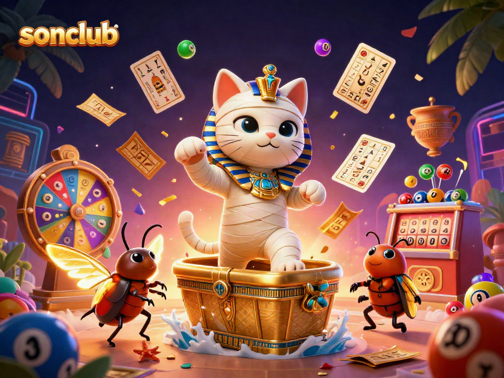 Engage in thrilling gameplay with sonclub's vibrant casino scene featuring a mummy cat and glowing scarab.