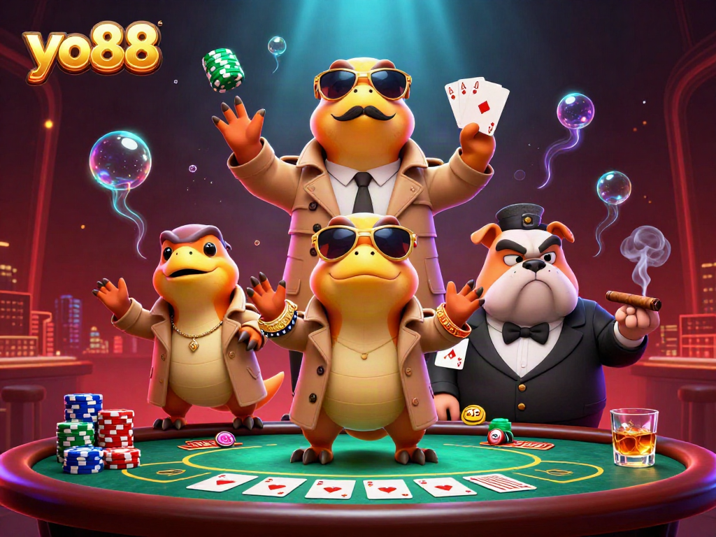Experience the fun of yo88 with 3D raptors attempting to enter a VIP casino lounge.