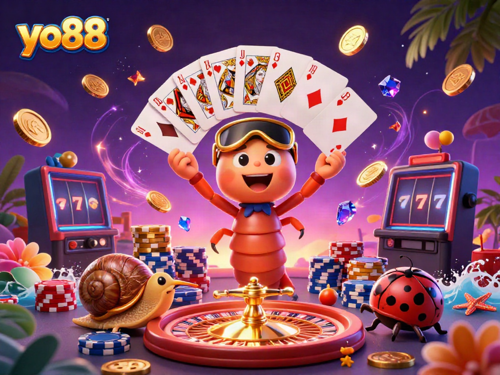 Join the excitement at yo88 with a cheerful millipede dealer, vibrant casino elements, and thrilling game action.