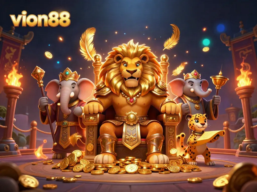 Experience the thrill of winning at vion88 with a majestic lion king in a vibrant casino scene.
