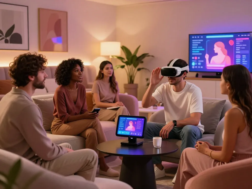 Exploring AI sex technology in a modern lounge with interactive devices and immersive experiences.