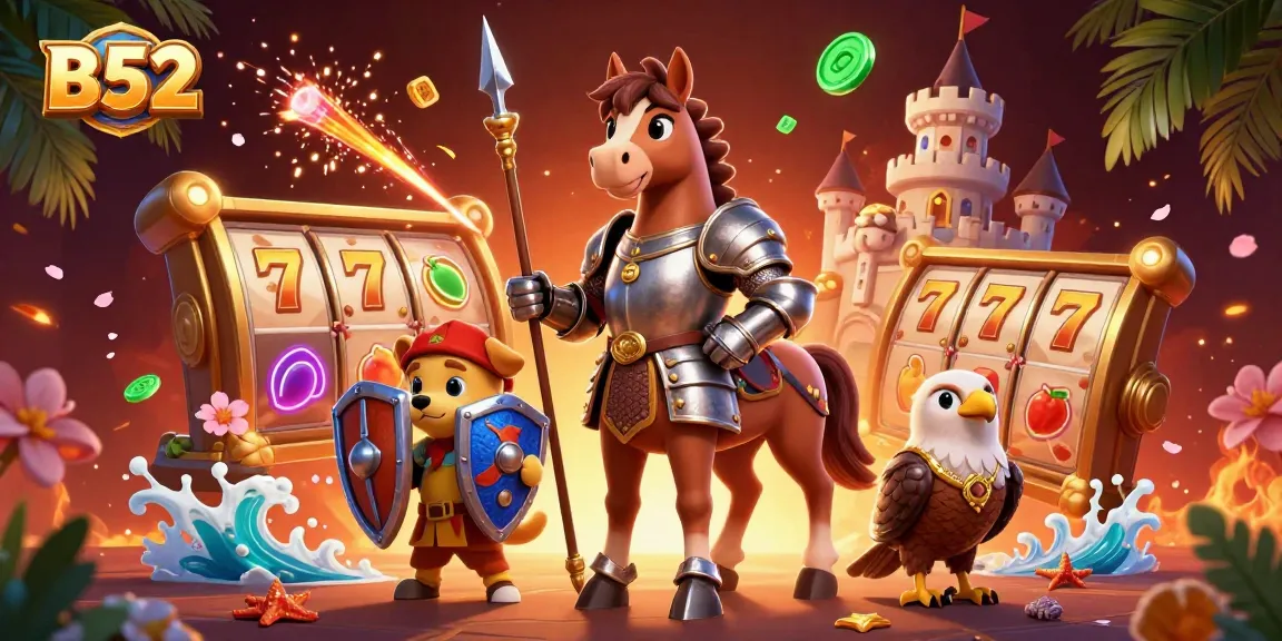 B52 spins with vibrant slot reels, animated characters, and colorful casino elements creating excitement.