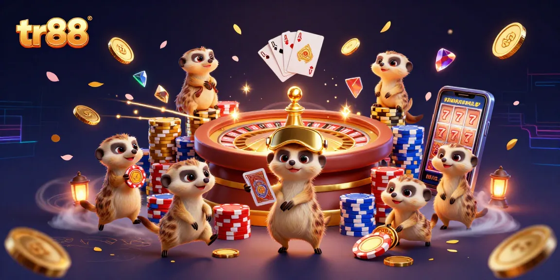 Experience thrilling gameplay at tr88 with cartoon meerkats running a buzzing casino scene.
