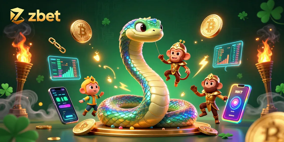 Experience the excitement of zbet with a vibrant 3D casino scene featuring a serpent, monkey king, and cryptocurrency elements.