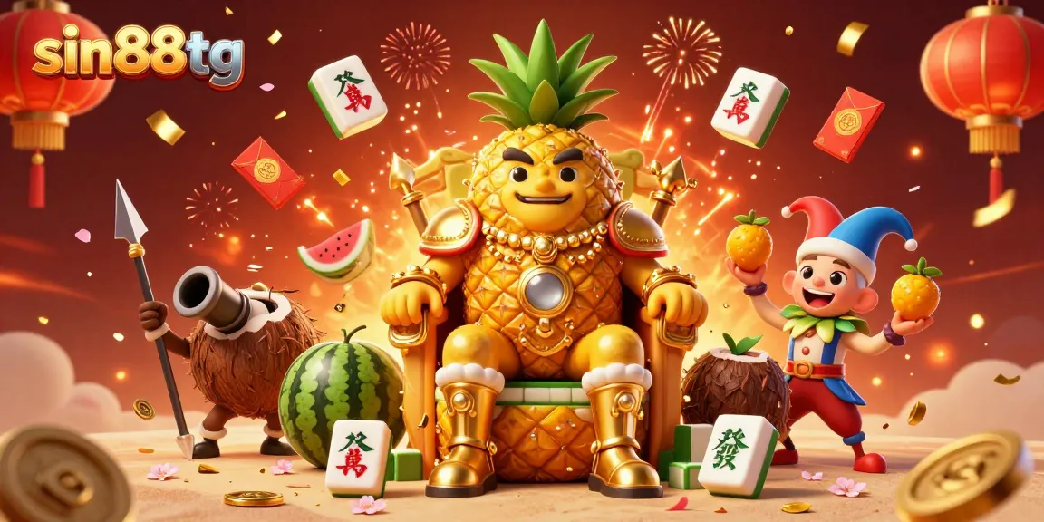 Experience the vibrant atmosphere of sin88tg with a golden pineapple king at a beach casino, surrounded by festive elements.