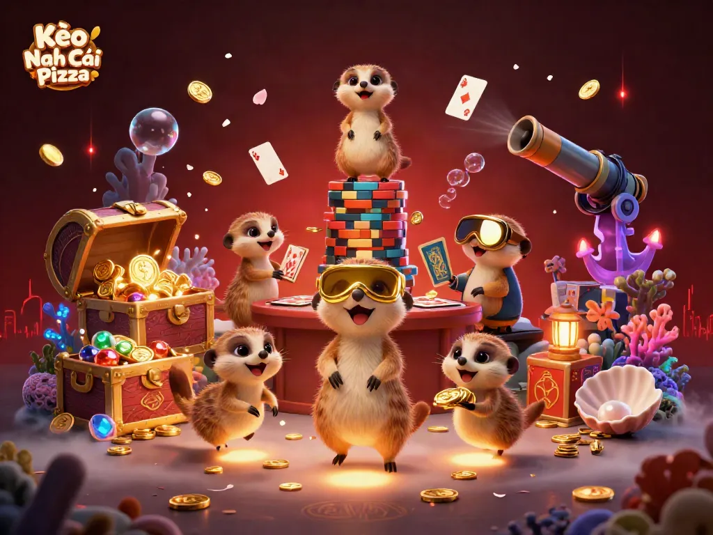 Kèo Nhà Cái Pizza showcases a lively meerkat casino scene filled with vibrant game elements.