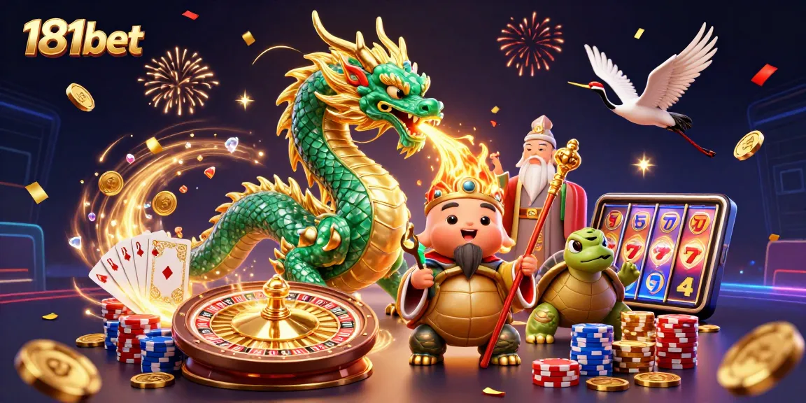 Experience the thrill of 181bet with a mystical dragon, turtle sage, and lucky cranes in a dynamic casino scene.