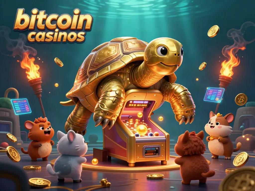 Engaging scene showcasing vibrant bitcoin casinos with a golden tortoise pinball machine.
