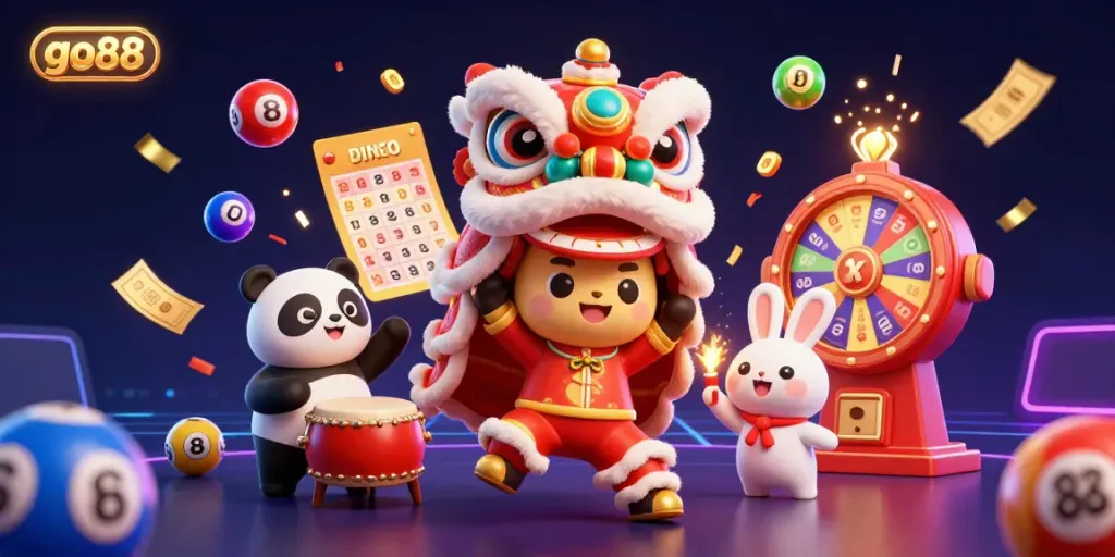 Win big at go88 with an exciting 3D casino scene featuring characters, lottery elements, and vibrant decorations.