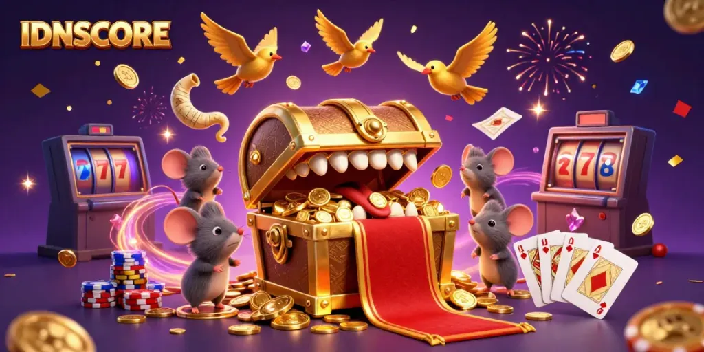 IDNSCORE features a treasure chest and adventurer mice amidst golden coins, creating excitement in sports betting.