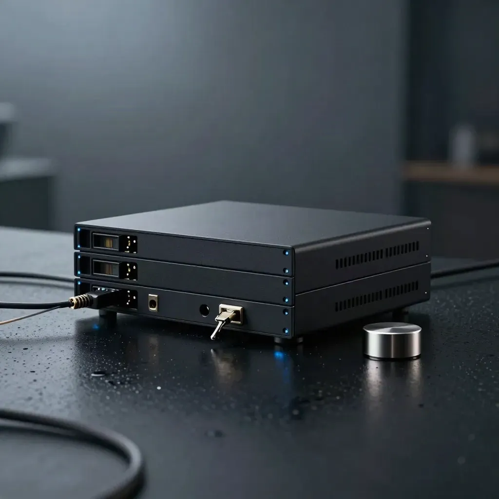 Matte-black proxy gateway stack with node bricks, fiber lead, SIM caddy and blue glow.