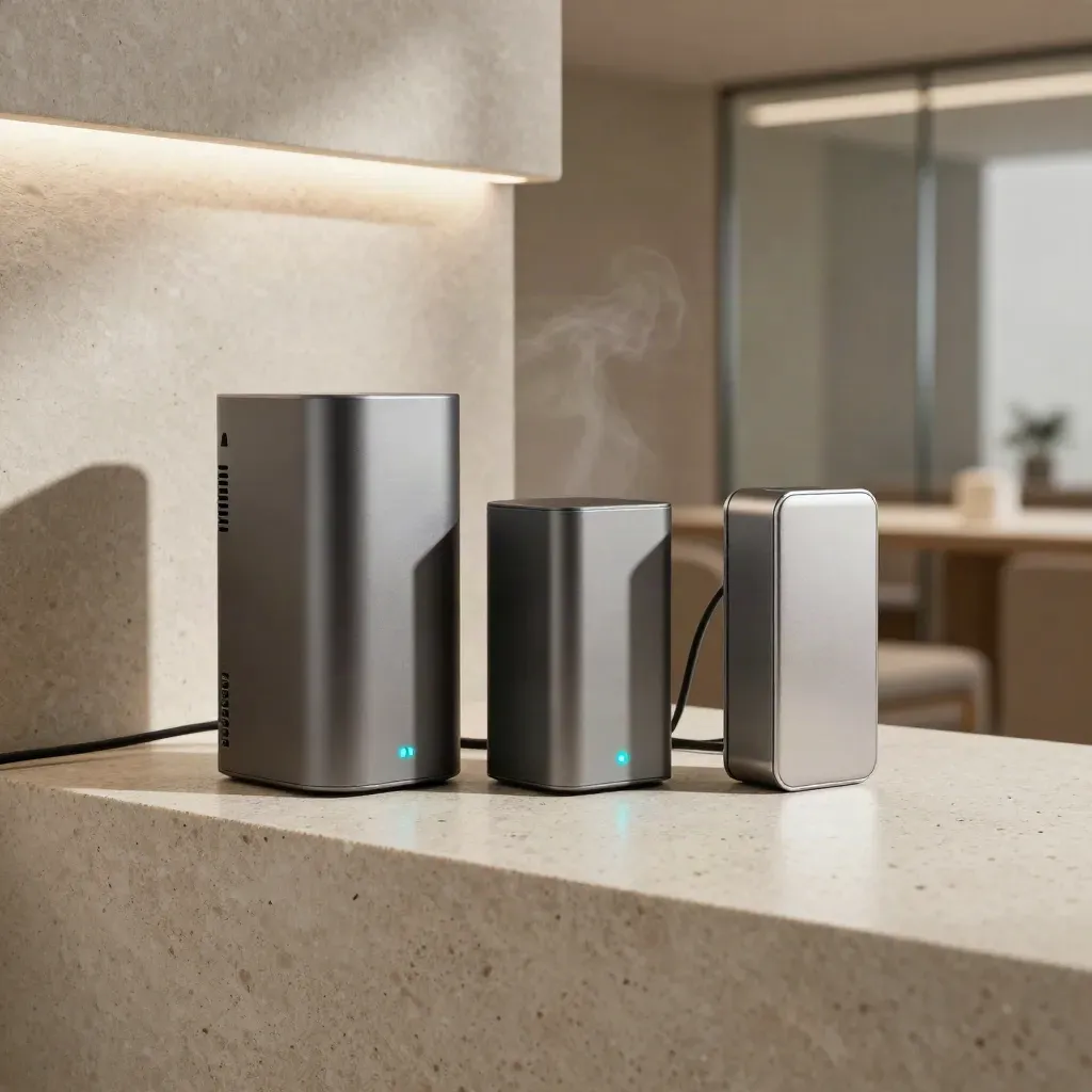 Three proxy devices in a V-shape on stone with cyan glow and soft haze.