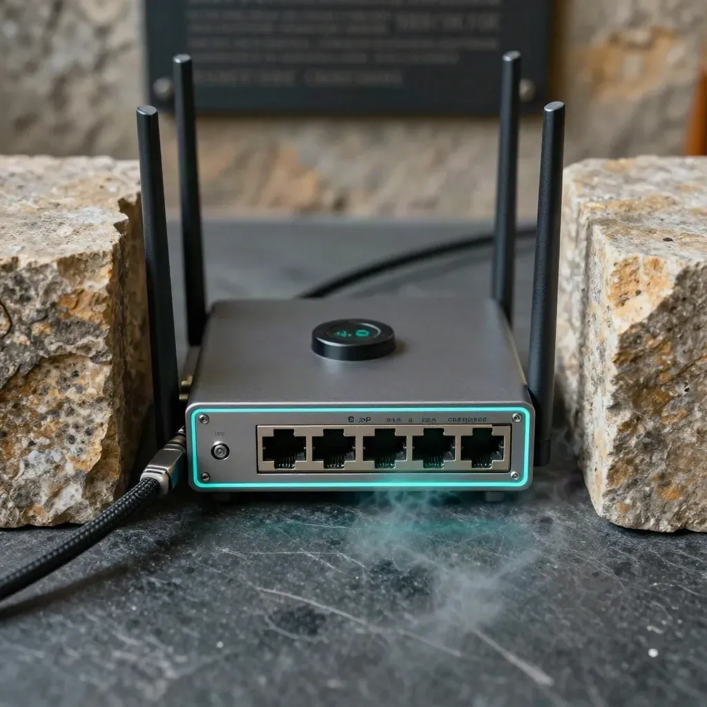 Dramatic low-angle proxy router brick between stone blocks with cyan rim light and haze