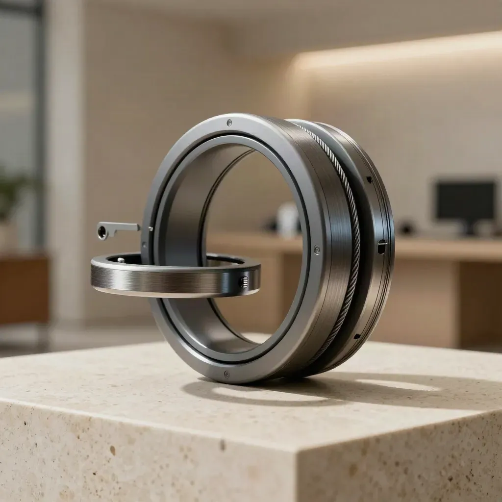 Travertine-plinth proxy ring with slate pods and cable loops in soft haze.