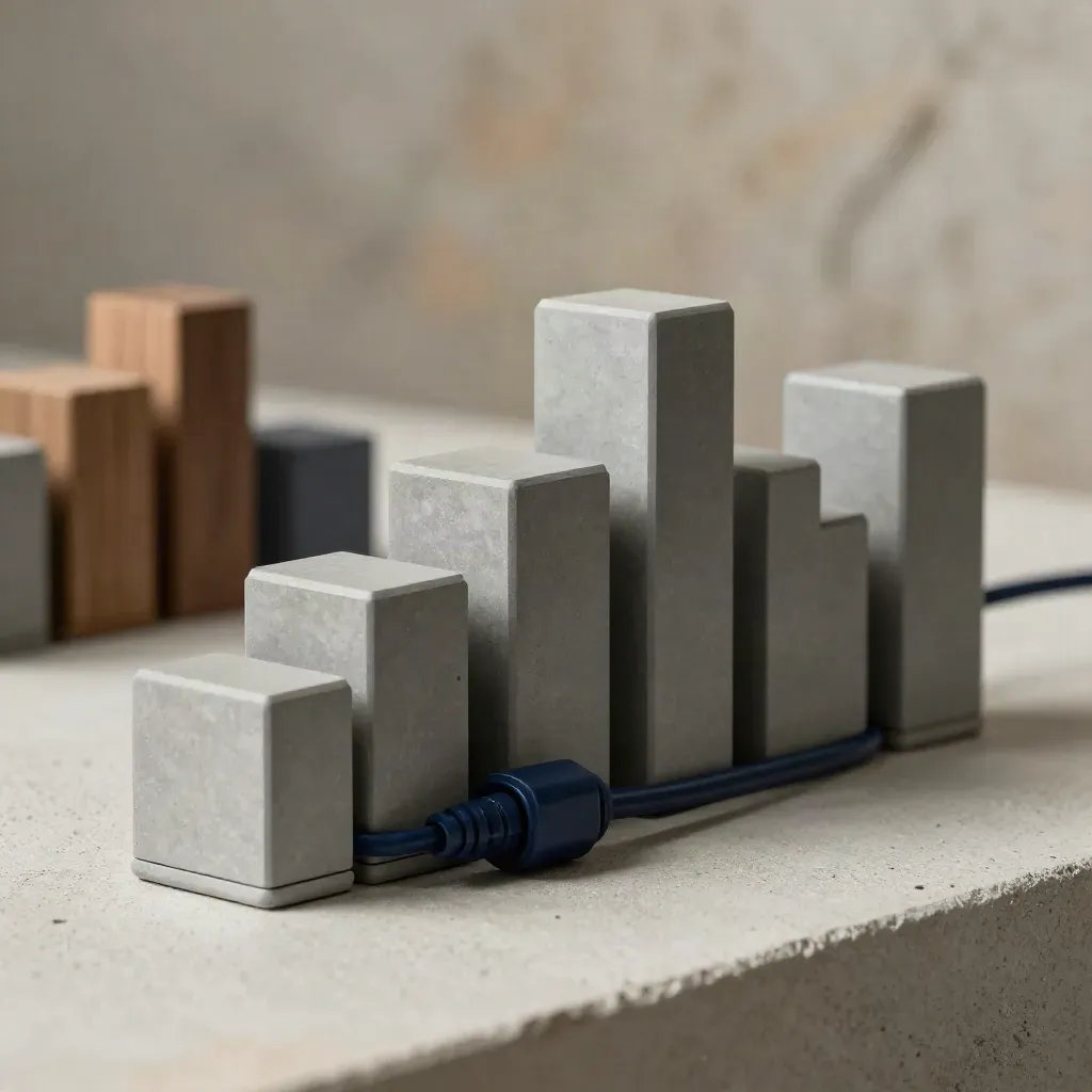 Layered city-block proxy tiles with a node puck and route cable on pale concrete