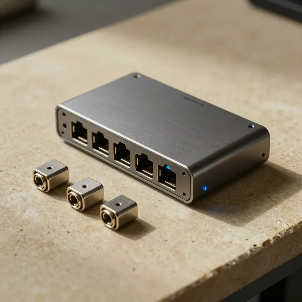 Overhead macro of an API hub, breakout ports, docking block and connector caps on stone