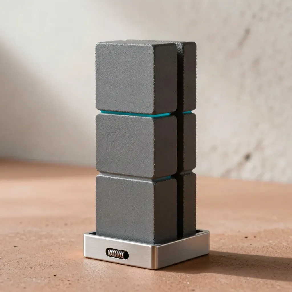 Three proxy access bricks in a cradle with a coiled lead on stone, lit with a cyan glow.