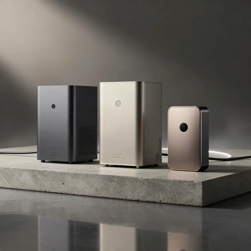 Three proxy appliances on concrete with glowing cable arcs and mist.