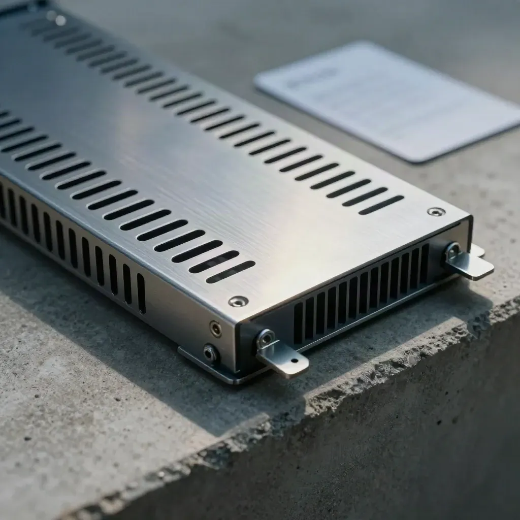 Brushed-metal datacenter proxy slab sliding across concrete in a sharp top-down macro.