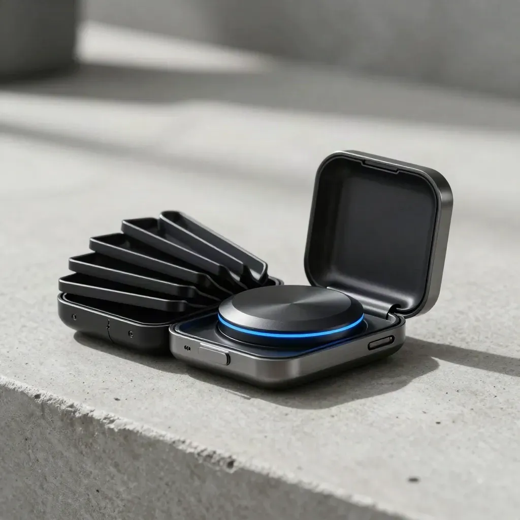 Black mobile proxy case with five SIM trays fanned on concrete, blue glow and soft steam.