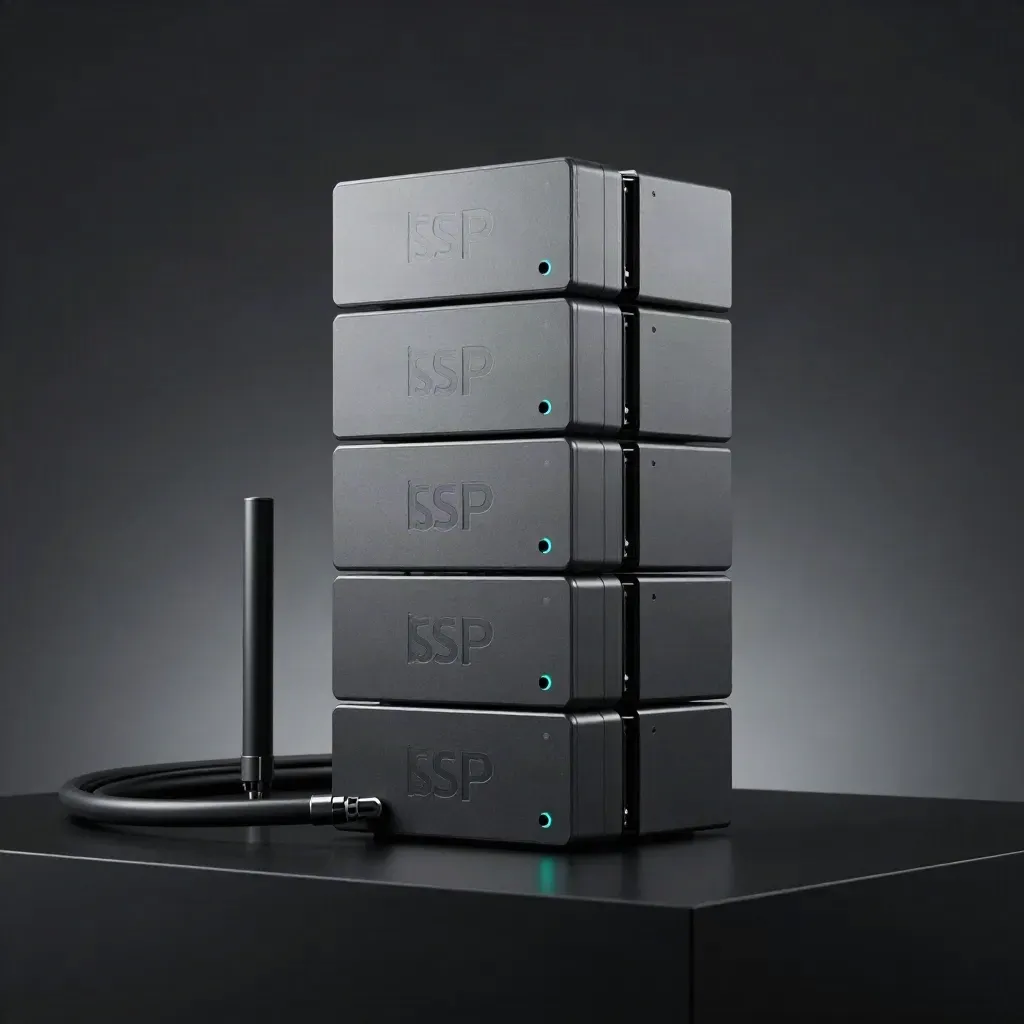 Stacked static ISP routers with bridge module and coiled cable on a dark studio plinth