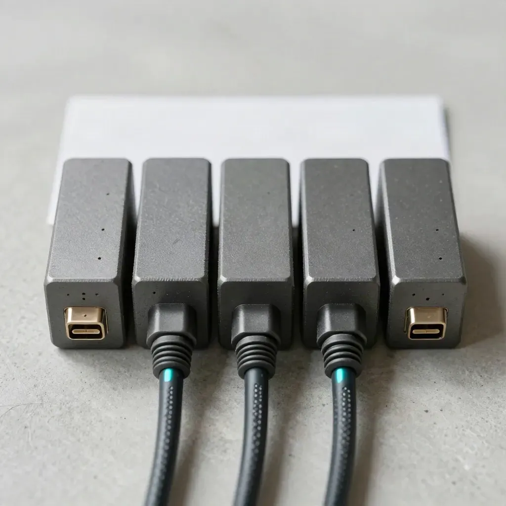 Five matte access bricks in a precise row on concrete with a cyan uplink cable, overhead flatlay.