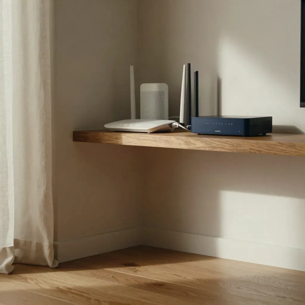 Home router, mesh node and cable on oak shelf by plaster wall with calm copy space