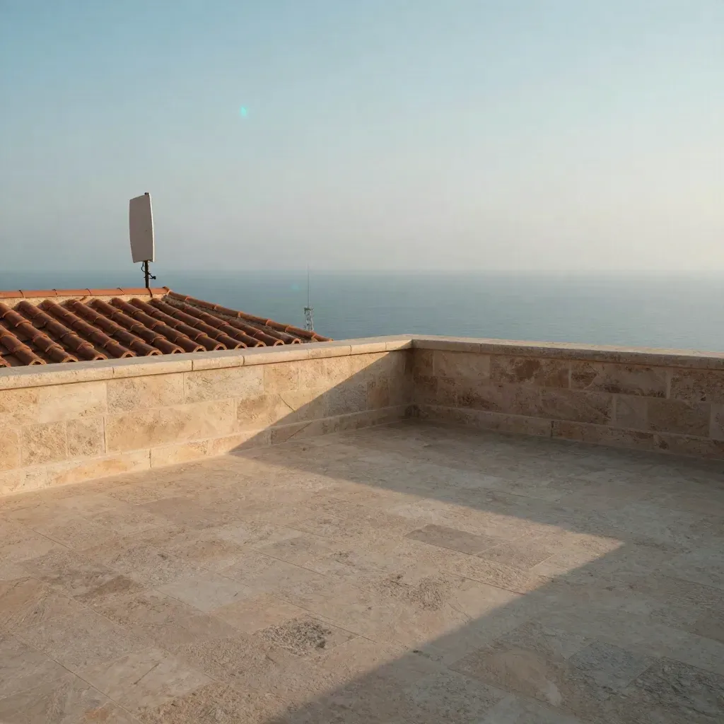 Golden-hour stone terrace with distant rooftop relay gear and hazy rooflines.