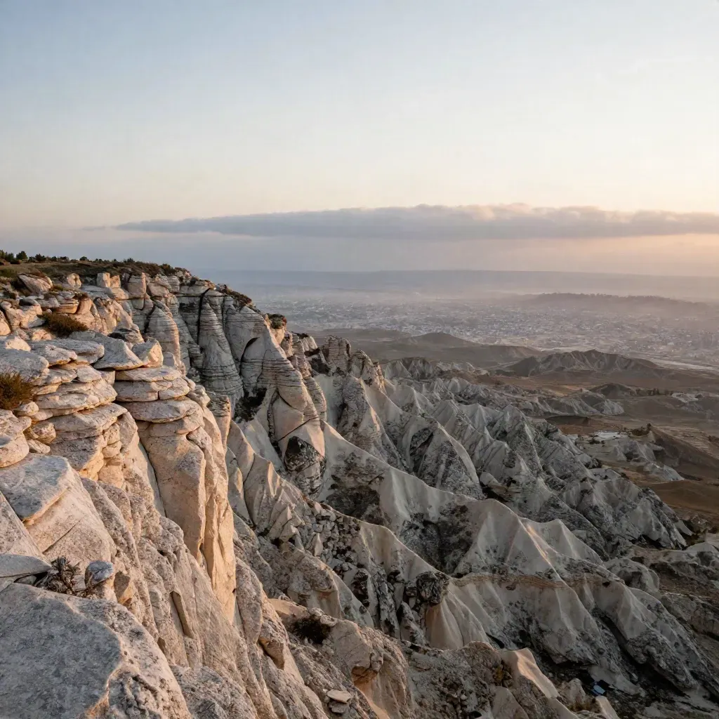 High limestone ridge, layered mesas, mist, and faint city glow under drifting cloud shadow.