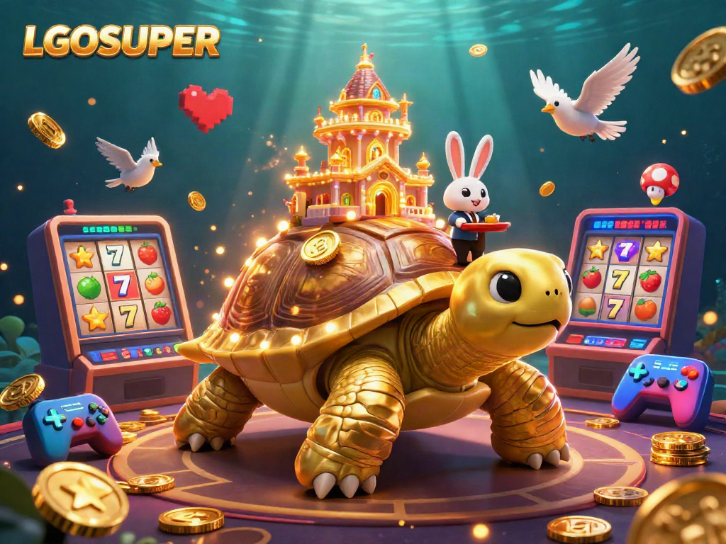 Enter the gaming world with LGOSUPER, featuring an imaginative casino scene full of vibrant slot machines and colorful animations.