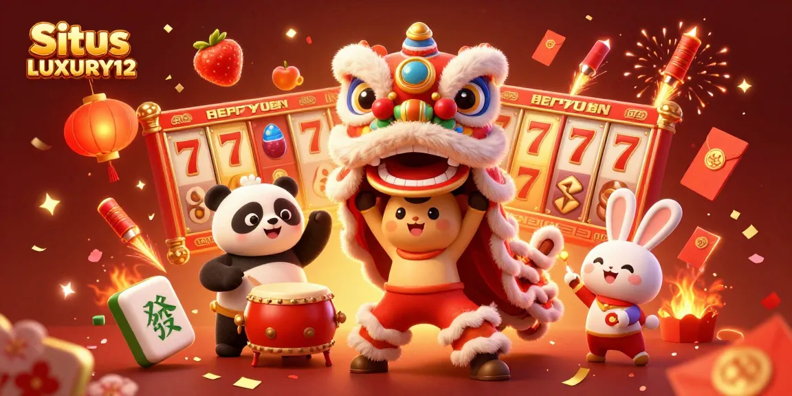 Situs LUXURY12 showcases stunning visual elements with a lion dance, jackpot slots, and festive decorations for exhilarating casino fun.