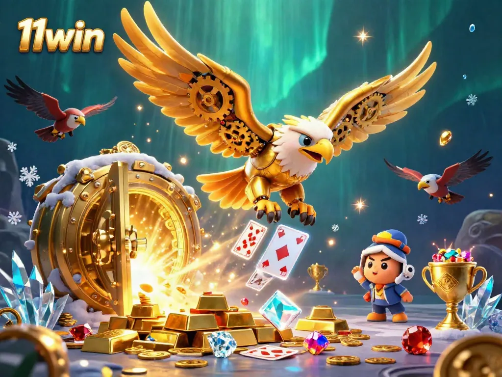 Experience the thrill of 11win's casino world with dynamic scenes of gold and holographic cards.