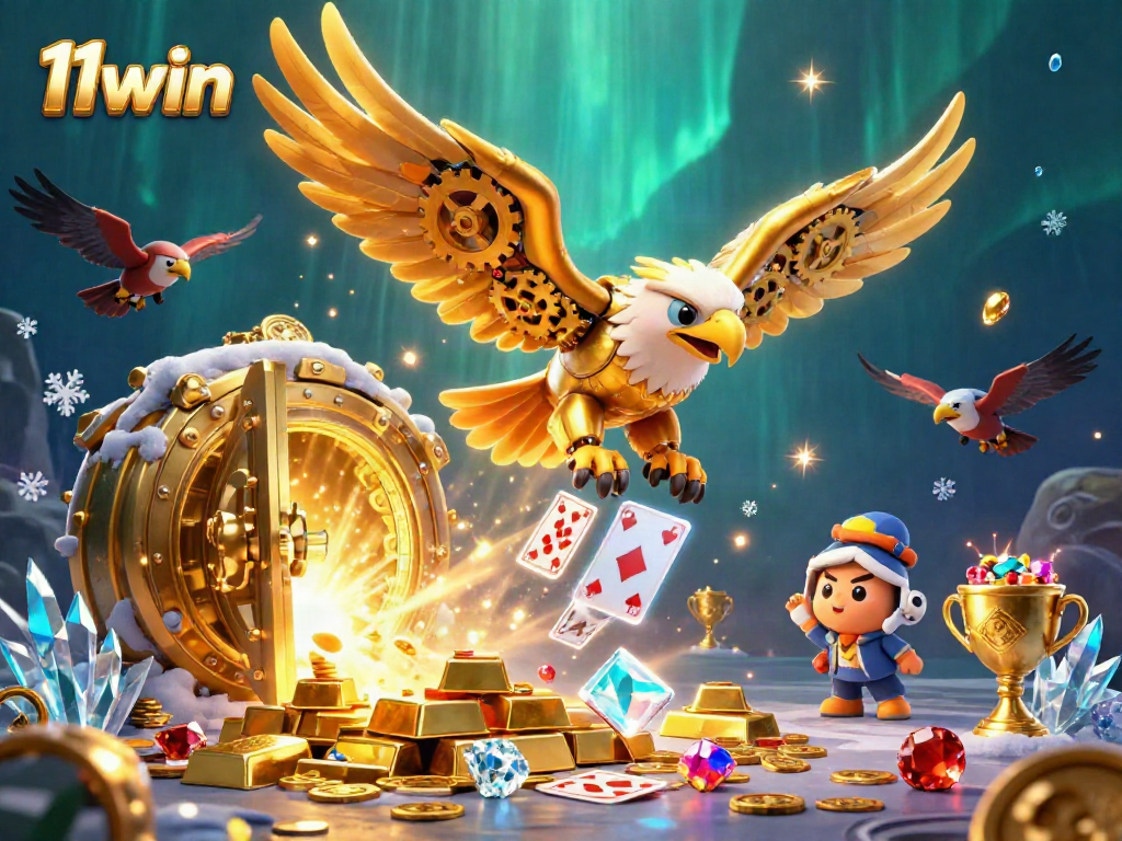 Experience the thrill of 11win's casino world with dynamic scenes of gold and holographic cards.