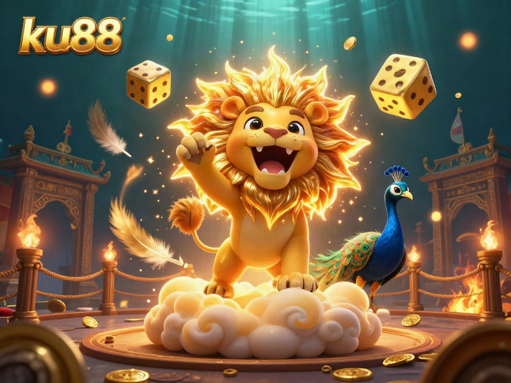 Engage in exhilarating games at ku88 with a vibrant 3D casino scene featuring a roaring sun lion.