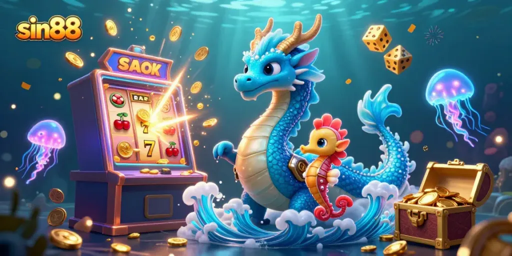 Experience exciting gameplay at sin88 with vibrant slots, magical creatures, and jackpot thrills in this captivating scene.
