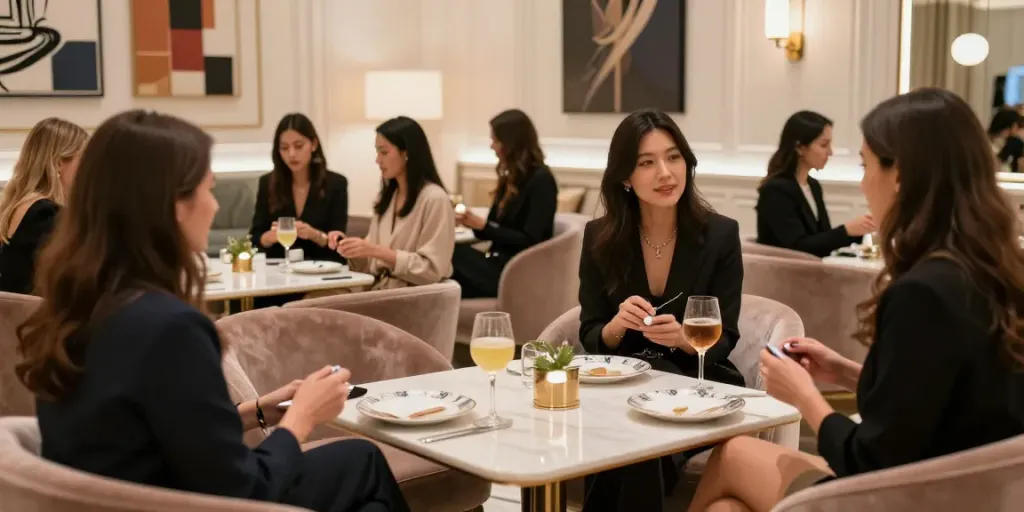 강남타이밍 쩜오에서의 고급스러운 라운지 풍경, 손님들과 대화하는 우아한 여성들.