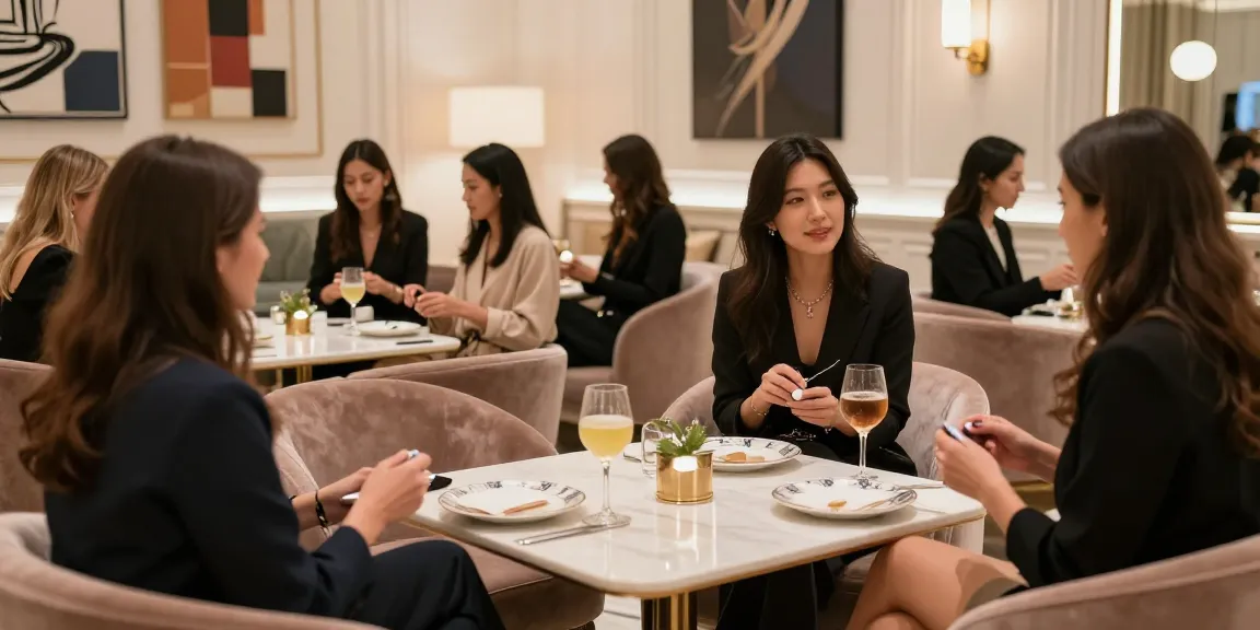 강남타이밍 쩜오에서의 고급스러운 라운지 풍경, 손님들과 대화하는 우아한 여성들.