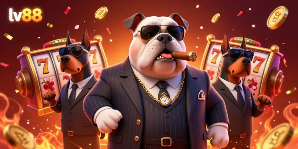 Experience the excitement of lv88 gaming with dynamic casino elements surrounding a mafia bulldog.