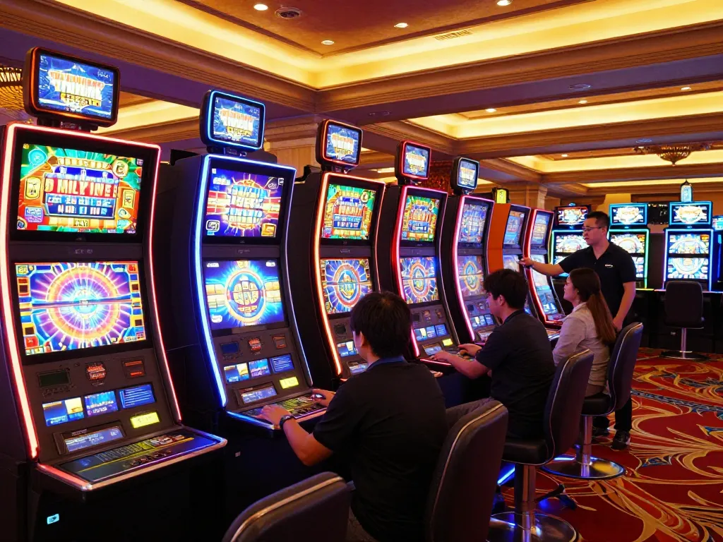 Players enjoying various sunwin slot machines in a vibrant casino atmosphere