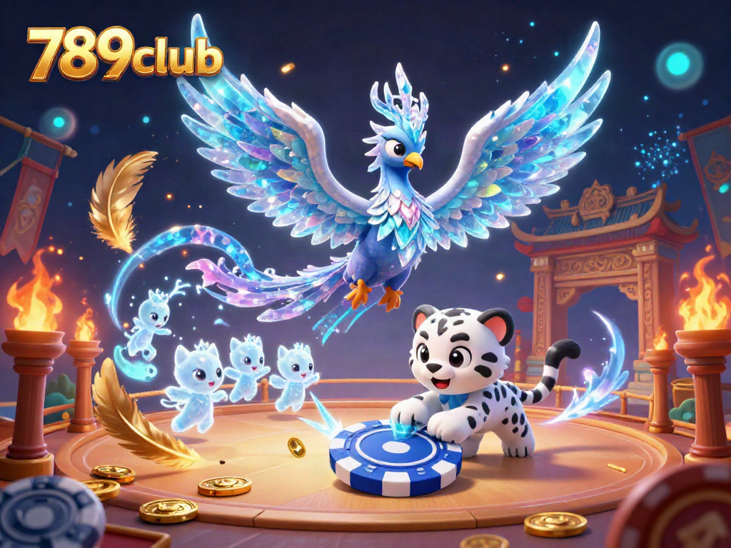 Experience the thrilling 789club casino with a dazzling ice phoenix and snow leopard amidst vibrant gaming elements.