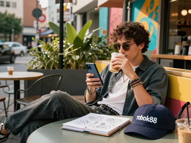Young adult enjoying coffee on café terrace while exploring rokok88 fashion trends on smartphone in urban setting