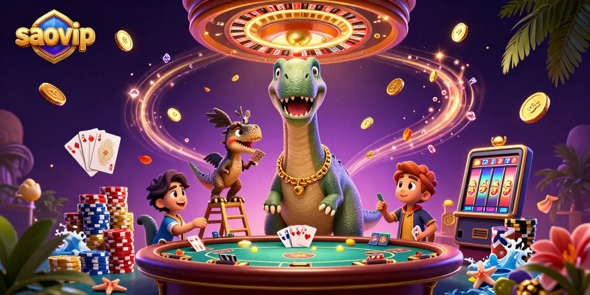 Win big at saovip with an exciting casino scene featuring a giant brontosaurus and thrilling game elements.