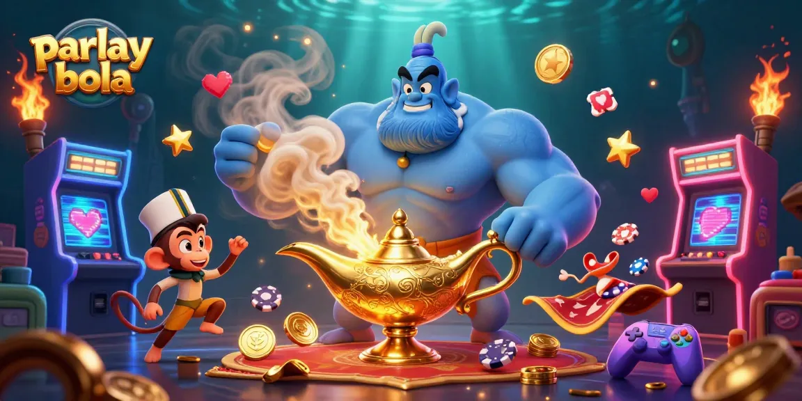 Engage with parlay bola insights by a blue genie overseeing animated gambling scene