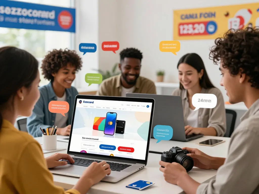 Buy Ezzocard with vibrant e-commerce shopping scene showcasing diverse users enjoying prepaid card options.