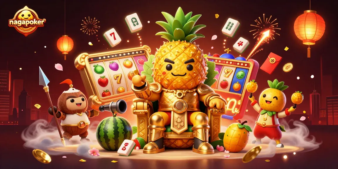 Hit the jackpot with nagapoker's vibrant 3D casino scene featuring the golden pineapple king and lively games.