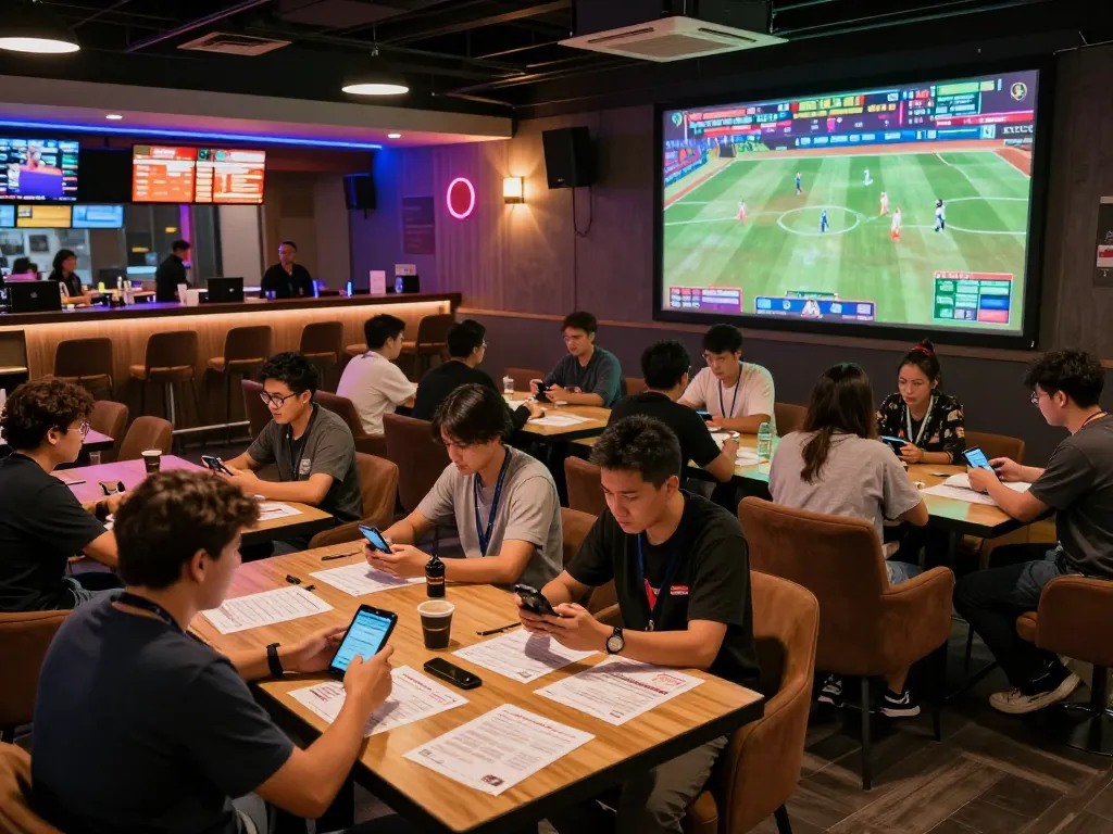 Engaging sports betting scene showcasing players analyzing bets with nhandinhkeonhacai displays around.