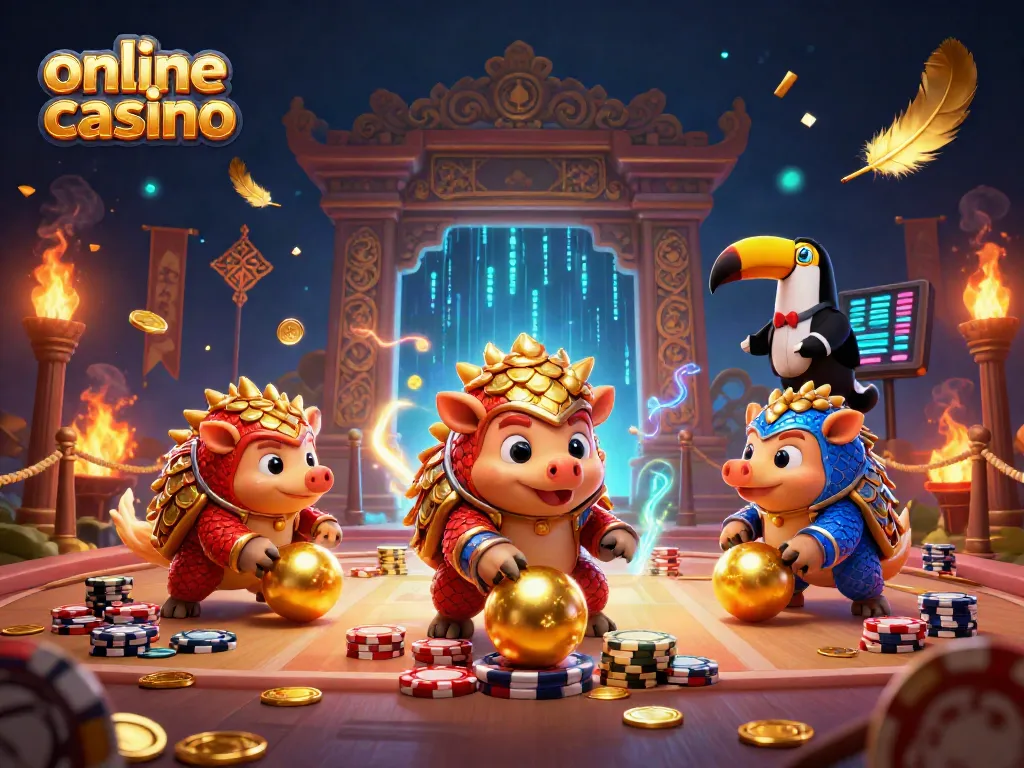 Visualiza una emocionante escena de un casino online con pangolines rivales y fichas de póker.