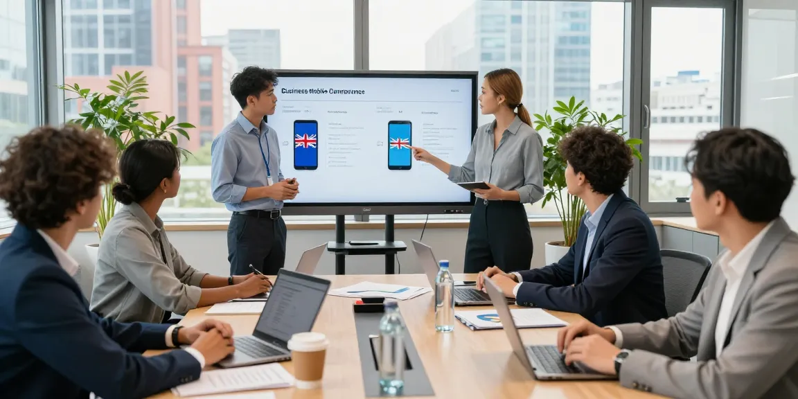 Team collaborating on business mobile comparison UK in modern office